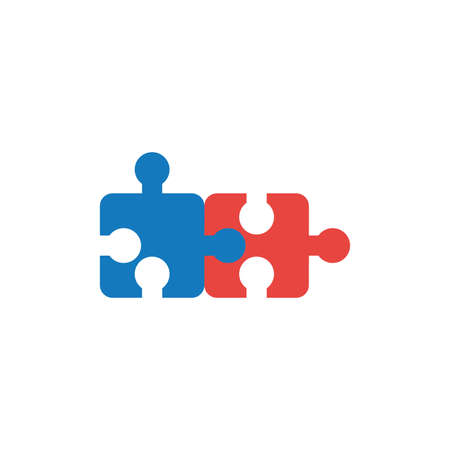 Flat design style vector illustration concept of blue and red puzzle pieces symbol icon connected on white background.のイラスト素材
