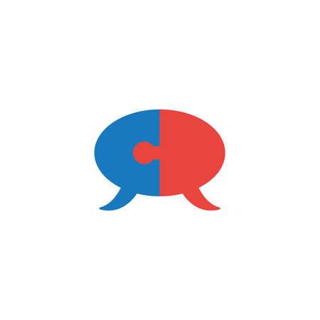 Flat design style vector illustration concept of two part blue and red puzzle pieces speech bubbles symbol icon connected on white background.のイラスト素材