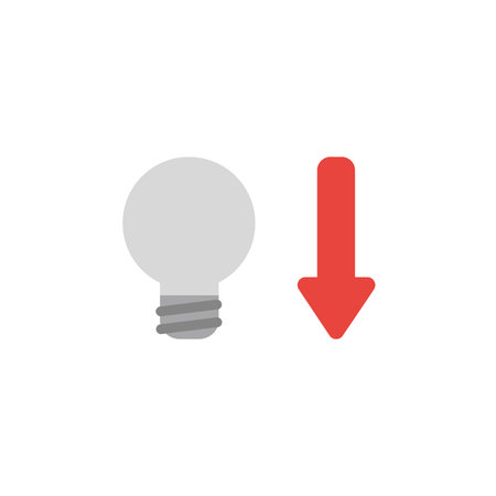 Flat design style vector illustration concept of grey light bulb with red arrow symbol icon pointing down on white background.のイラスト素材