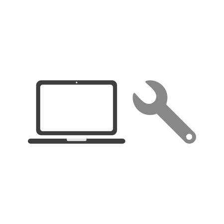 Flat design vector illustration concept of repair black laptop computer with grey spanner symbol icon on white background.のイラスト素材