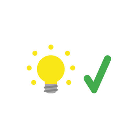 Flat design vector illustration concept of glowing yellow light bulb with green check mark symbol icon on white background.のイラスト素材