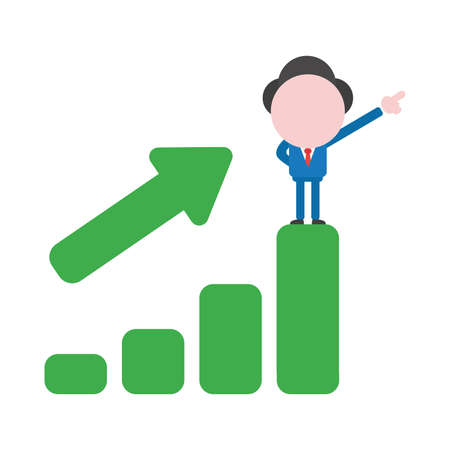 Vector cartoon illustration concept of faceless businessman mascot character on green sales bar chart symbol icon moving up and pointing up.のイラスト素材