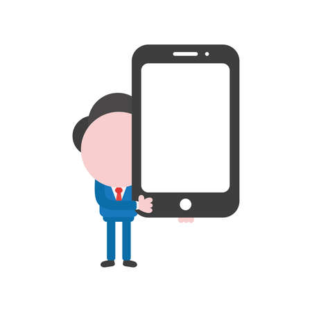 Vector cartoon illustration concept of faceless businessman mascot character holding smartphone symbol icon.のイラスト素材