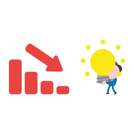 Vector cartoon illustration concept of faceless businessman mascot character walking, holding and carrying yellow glowing light bulb idea to red sales bar chart symbol icon moving down.のイラスト素材