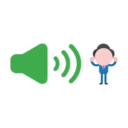 Vector cartoon illustration concept of faceless businessman mascot character with loud voice green speaker sound symbol icon and closed ears with fingers.のイラスト素材