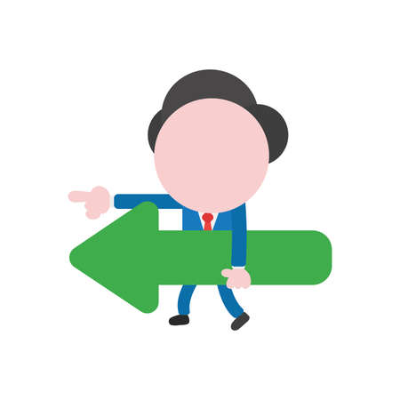 Vector cartoon illustration concept of faceless businessman mascot character walking, carrying green arrow symbol icon pointing left.のイラスト素材