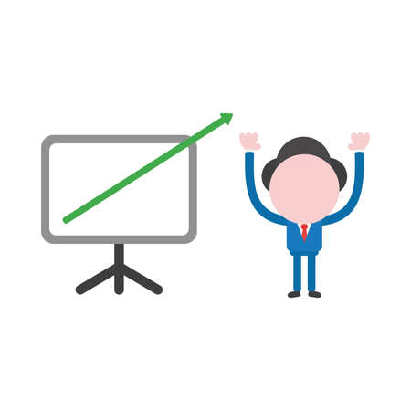 Vector cartoon illustration concept of faceless businessman mascot character with chart and arrow moving up and out of presentation chart board symbol icon.のイラスト素材