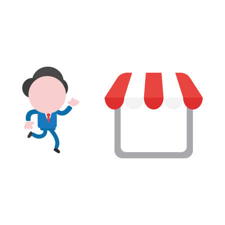 Vector cartoon illustration concept of faceless businessman mascot character running to shop, store symbol icon with red and white awning.のイラスト素材