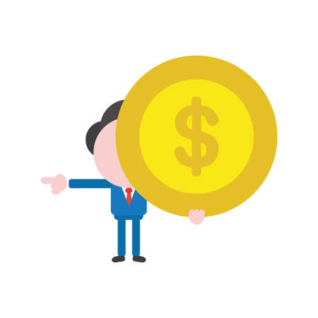 Vector cartoon illustration concept of faceless businessman mascot character holding yellow dollar money coin symbol icon and pointing.のイラスト素材