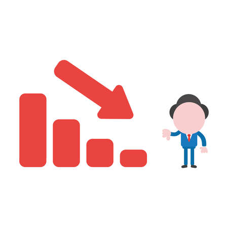 Vector cartoon illustration concept of faceless businessman mascot character gesturing thumbs down with red sales bar chart symbol icon moving down.のイラスト素材