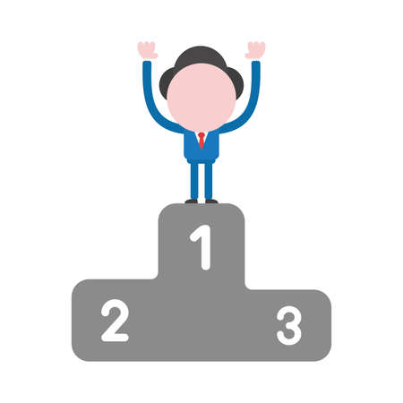 Vector cartoon illustration concept of faceless businessman mascot character on first place of winning podium symbol icon and raising arms up.のイラスト素材