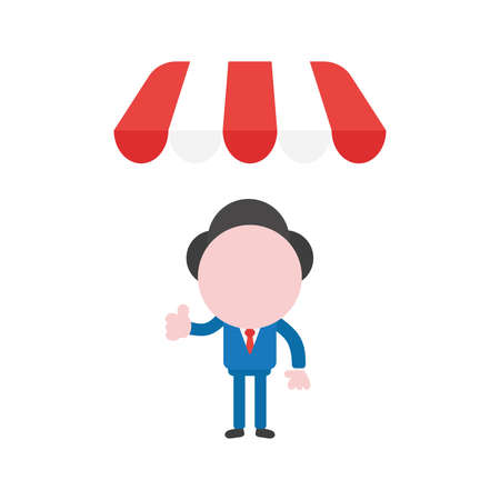 Vector cartoon illustration concept of faceless businessman mascot character gesturing thumbs up under red and white shop awning symbol icon.のイラスト素材