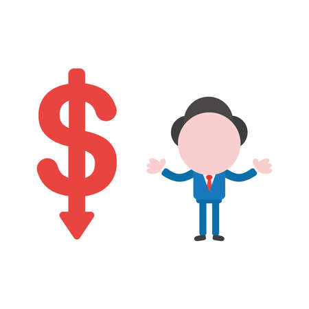 Vector cartoon illustration concept of faceless businessman mascot character and red dollar money symbol icon with arrow moving down.のイラスト素材