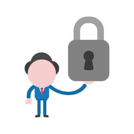 Cartoon illustration concept of faceless businessman mascot character holding closed padlock symbol icon.のイラスト素材