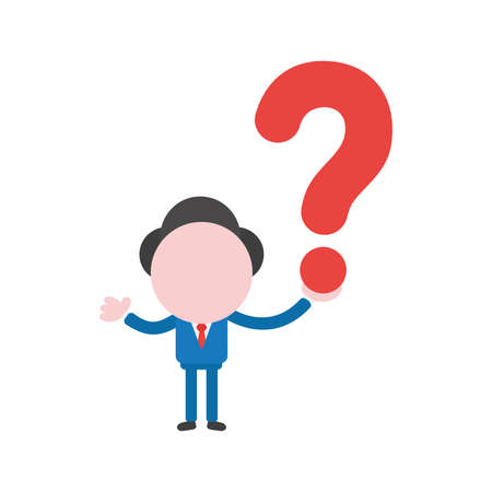 Cartoon illustration concept of faceless businessman mascot character holding red question mark symbol icon.のイラスト素材