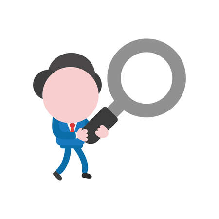 Cartoon illustration concept of faceless businessman mascot character walking and carrying magnifying glass symbol icon.のイラスト素材