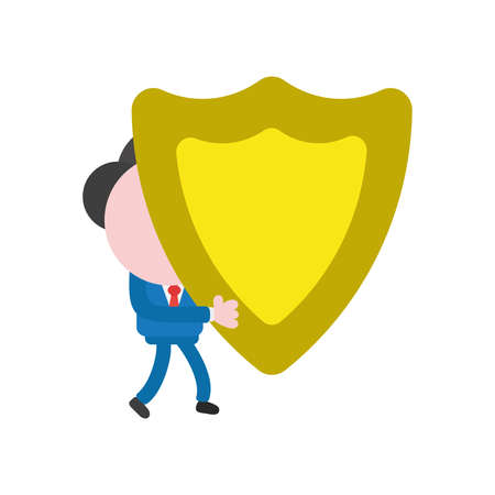 Cartoon illustration concept of faceless businessman mascot character walking and carrying yellow guard shield symbol icon.のイラスト素材