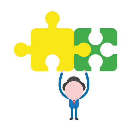 Cartoon illustration concept of faceless businessman mascot character holding up yellow and green connected puzzle pieces symbol icon.のイラスト素材
