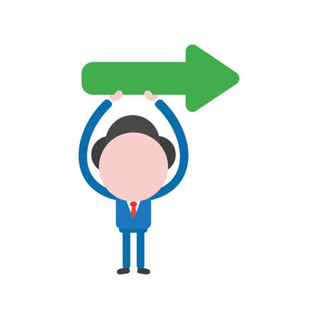 Vector illustration of businessman character holding up green arrow icon pointing right.のイラスト素材