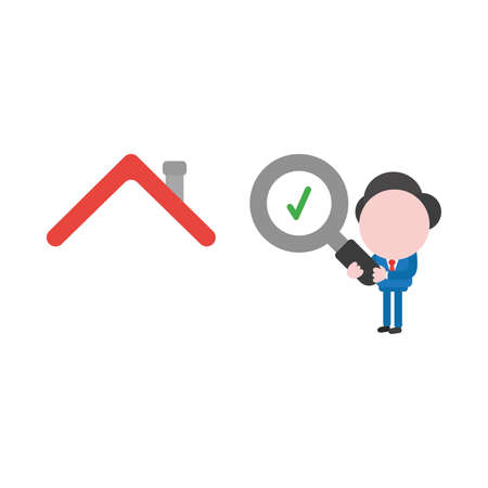 Vector illustration of businessman character holding magnifying glass icon with green check mark and looking, analyzing house.のイラスト素材