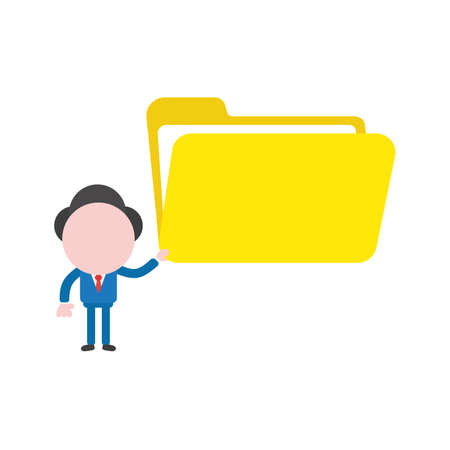 Vector illustration of businessman character holding yellow open file folder icon.のイラスト素材