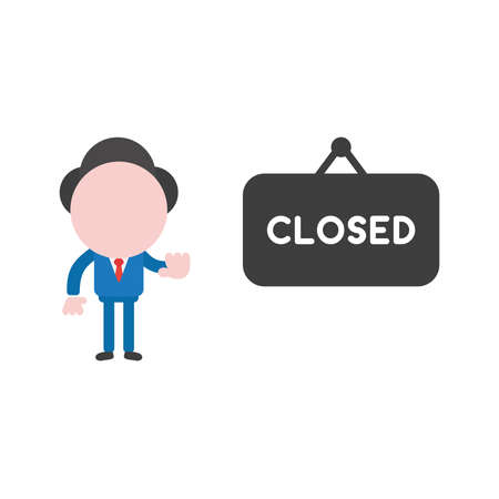 Vector illustration of businessman character with closed word inside black hanging sign icon.のイラスト素材