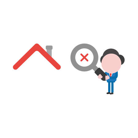 Vector illustration of businessman character holding magnifying glass icon with red x mark and looking, analyzing house.のイラスト素材
