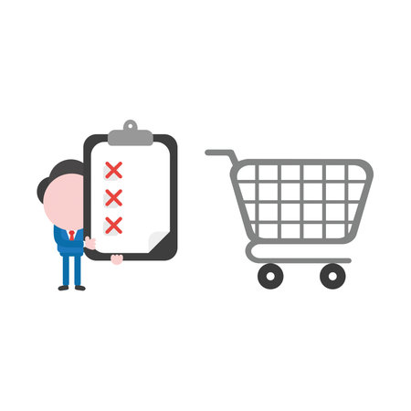 Vector illustration of businessman character with gray shopping cart and holding clipboard with paper and three red x mark symbols.のイラスト素材