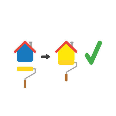 Vector illustration concept of painting house with paint brush roller from blue to yellow color and green check mark.のイラスト素材