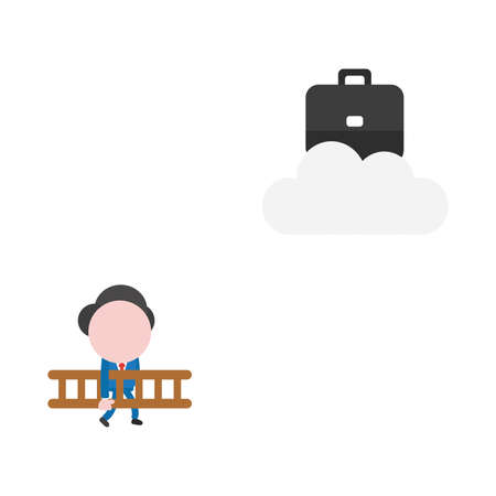Vector illustration concept of businessman character walking carrying wooden ladder to reach black briefcase on gray cloud icon.のイラスト素材