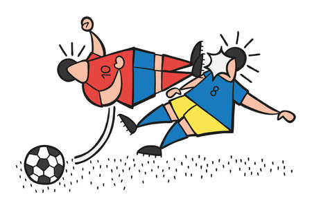 Vector illustration cartoon aggressive soccer player man flying kick to other soccer player's face.のイラスト素材