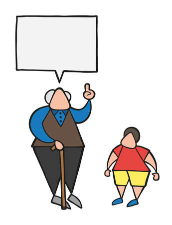 Vector illustration cartoon old man with walking stick, talking to his grandson and advising.のイラスト素材
