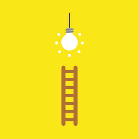 Flat vector icon concept of glowing light bulb and wooden ladder on yellow background.のイラスト素材