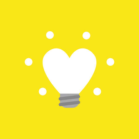 Flat vector icon concept of glowing heart-shaped light bulb on yellow background.のイラスト素材