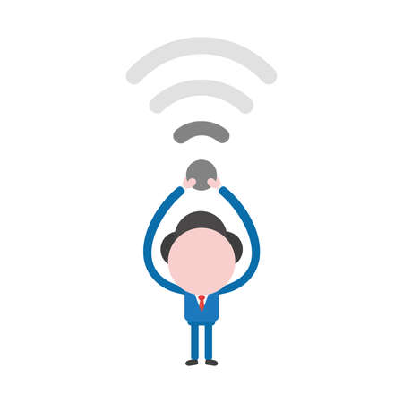 Vector illustration of faceless businessman character holding up wireless wifi symbol with low signal.のイラスト素材