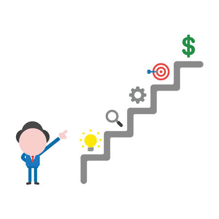Vector illustration of faceless businessman character pointing top of stairs, light bulb idea, magnifying glass, gear, bulls eye target and dollar money on steps.のイラスト素材