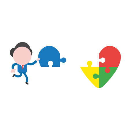 Vector illustration of faceless businessman character running and carrying missing piece to jigsaw puzzle heart.のイラスト素材