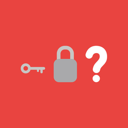 Flat vector icon concept of key, padlock without keyhole and question mark on red background.