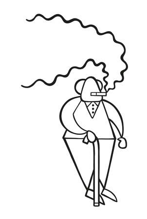 Vector illustration cartoon old man standing with wooden walking stick and smoking cigarette.のイラスト素材