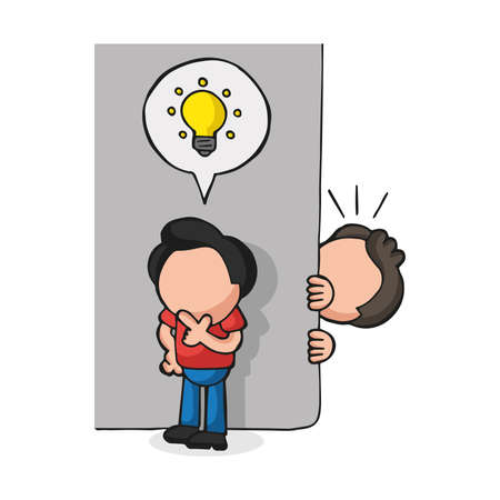 Vector hand-drawn cartoon illustration of man spying on man with light bulb icon idea behind wall.のイラスト素材