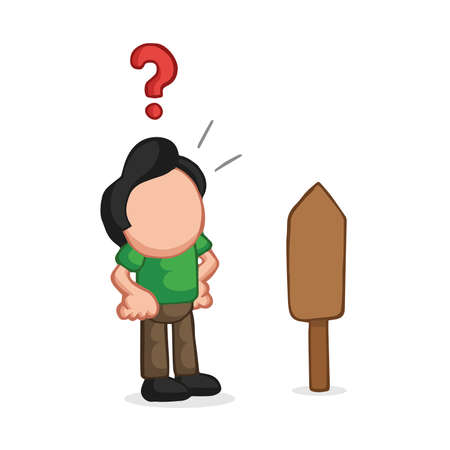 Vector hand-drawn cartoon illustration of confused man standing front of road sign.のイラスト素材