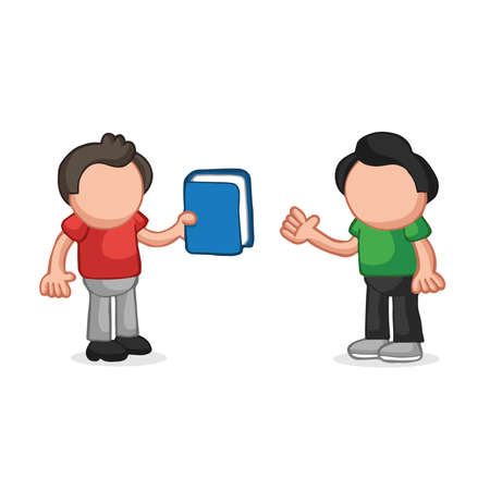 Vector hand-drawn cartoon illustration of man giving book to another man.のイラスト素材
