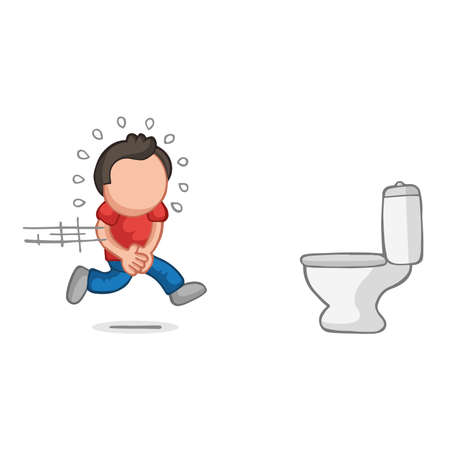 Vector hand-drawn cartoon illustration of man running to pee on toilet bowl.のイラスト素材