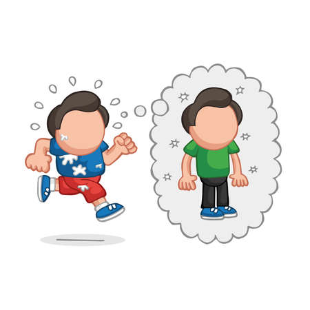 Vector hand-drawn cartoon illustration of running man dreaming of losing weight thought bubble.のイラスト素材