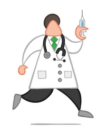 Vector illustration cartoon doctor man with stethoscope and running, holding syringe ready for injection.のイラスト素材