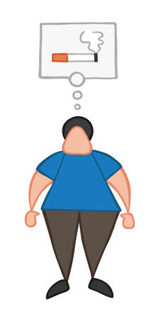 Vector illustration cartoon man character standing and thinking smoking cigarette with thought bubble.のイラスト素材