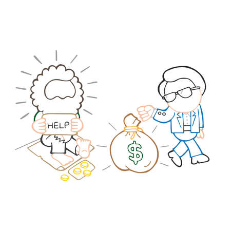 Vector hand-drawn cartoon illustration of rich man giving money bag to homeless on sidewalk and homeless is shocked.のイラスト素材