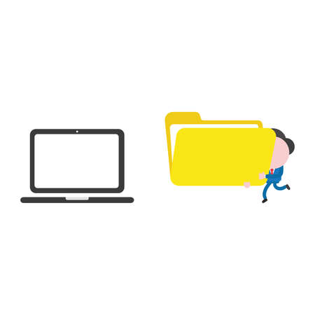 Vector illustration businessman character walking and carrying open file folder to laptop computer.のイラスト素材