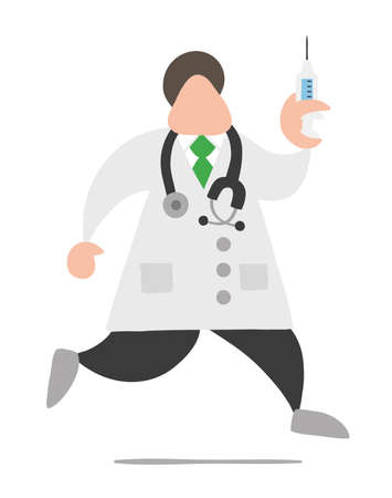 Vector illustration cartoon doctor man with stethoscope and running, holding syringe ready for injection.のイラスト素材