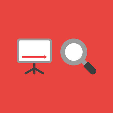 Flat vector icon concept of sales chart arrow moving down with magnifying glass on red background.のイラスト素材